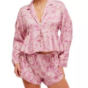NWT New Free People Beauty Sleep Pajama Set XL, BLUSHING COMBO, pink with bows